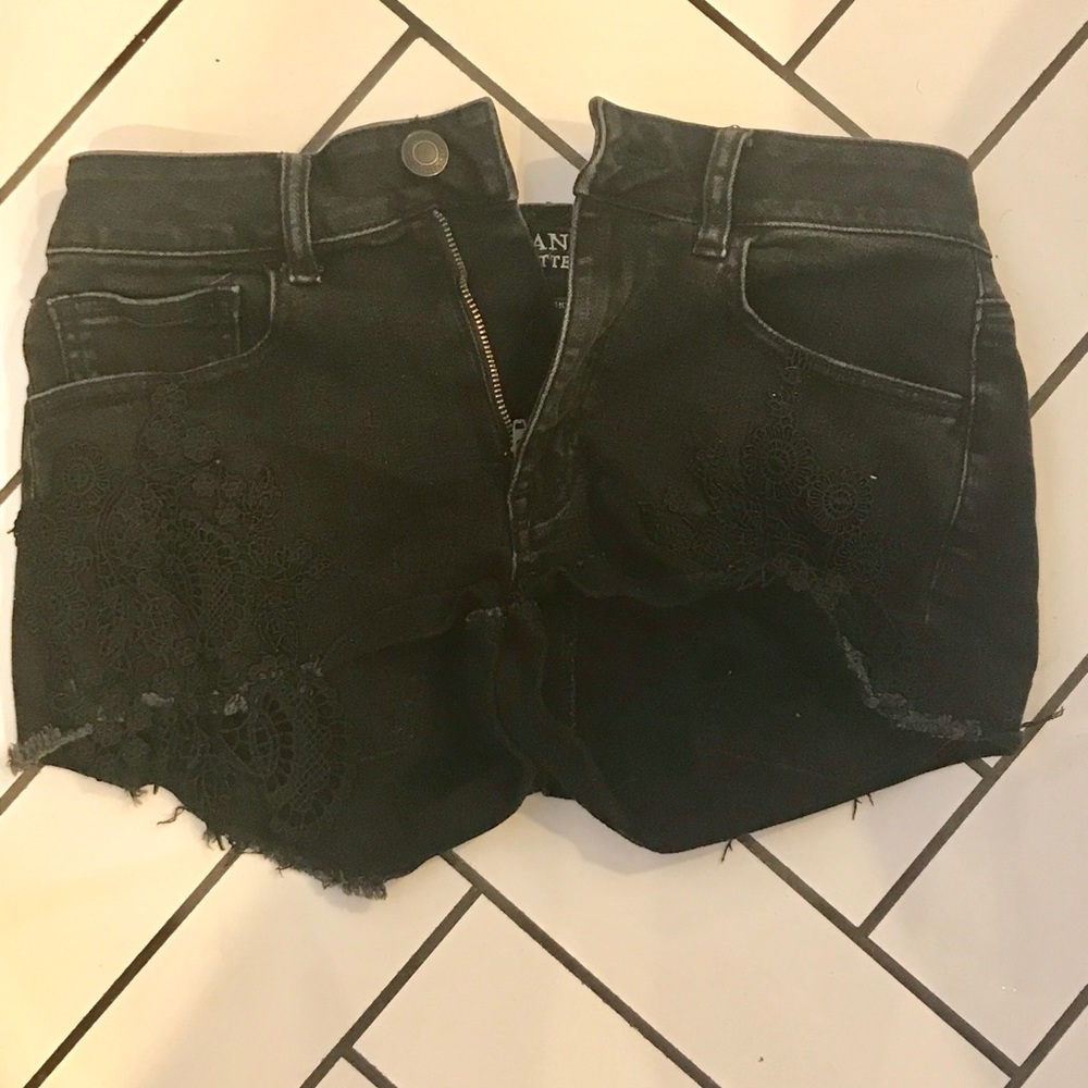 American Eagle Black Denim Shorts Lace Appliqué